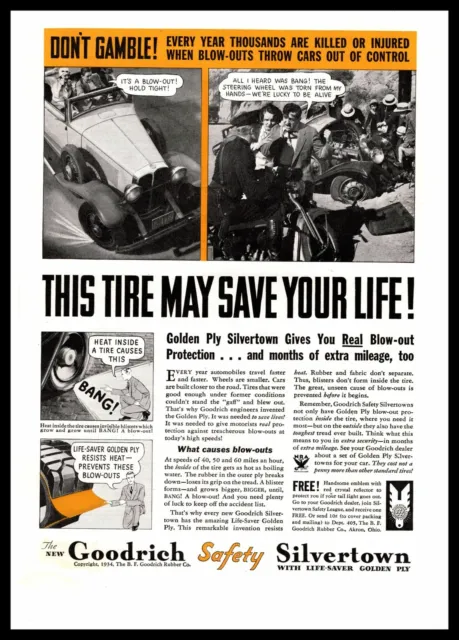 1934 Goodrich Safety Silvertown Golden Ply Tires "May Save Your Life!" Print Ad