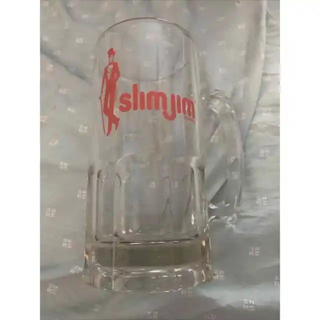Slim Jim Brand Large 32 Oz Glass Beer Mug Heavy Clear Red Drinking Party Stein