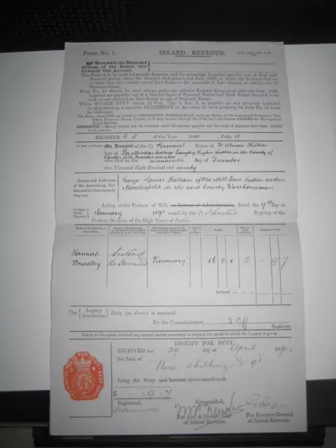 Legal Document - Inland Revenue - Receipt for Duty - 24 April, 1892