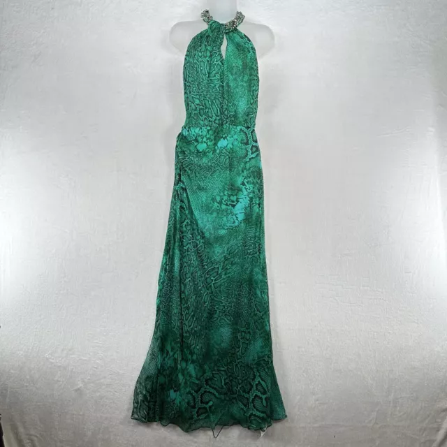 Carmen Marc Valvo Dress Womens 2 Green Snake Maxi Silk Gown Backless Sexy Formal