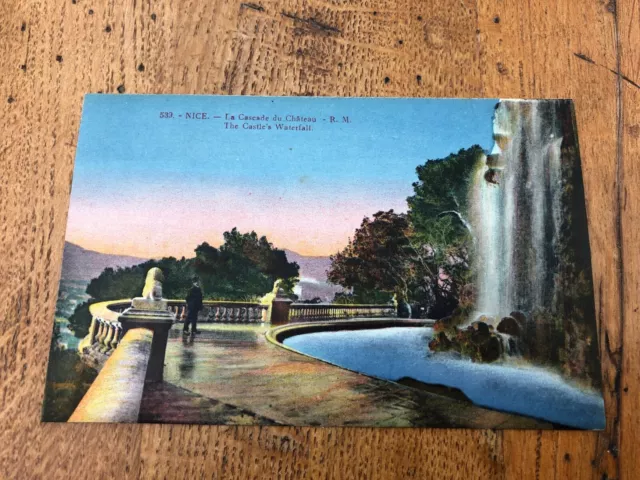 early 1900s colour postcard - nice . the castle's waterfall . 539