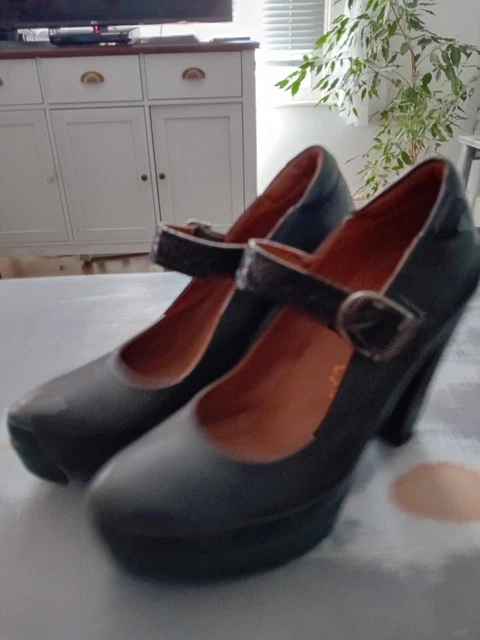 NEXT SIGNATURE BLACK Leather Platform High Block Heel Buckled Shoe UK 7 ...