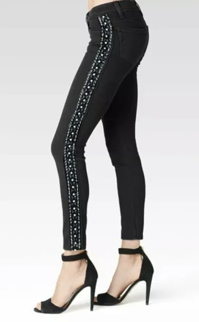 Paige Verdugo Ankle Jeans Sz 25 Black Skinny Beaded Yuna Tux Tuxedo Stripe $339