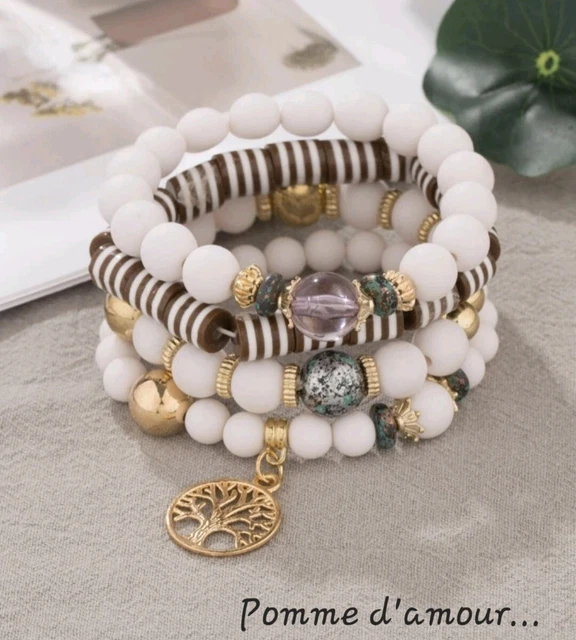 Bracelet Multi-rang Bleu Perles élastique Avec Breloques Arbre De Vie - Style Bohème Fait Main - Fille