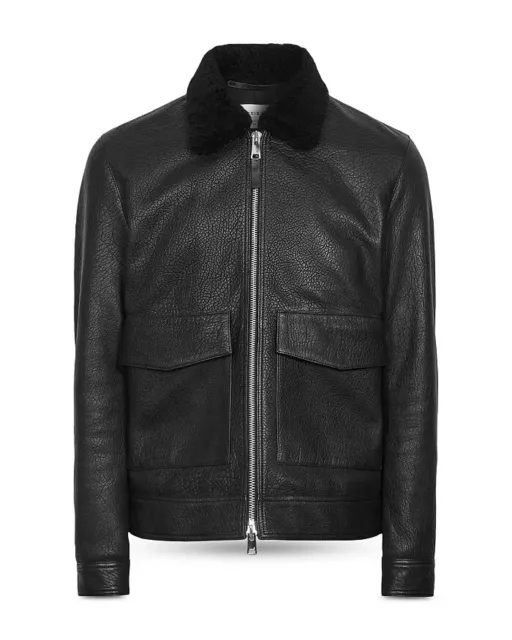 REISS Nash Leather Shearling Collar Jacket, Size L, MSRP $1200