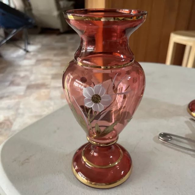 Vintage Bohemia Glass Cranberry Glass Vase Enameled Floral Gilded 20cm Tall 2