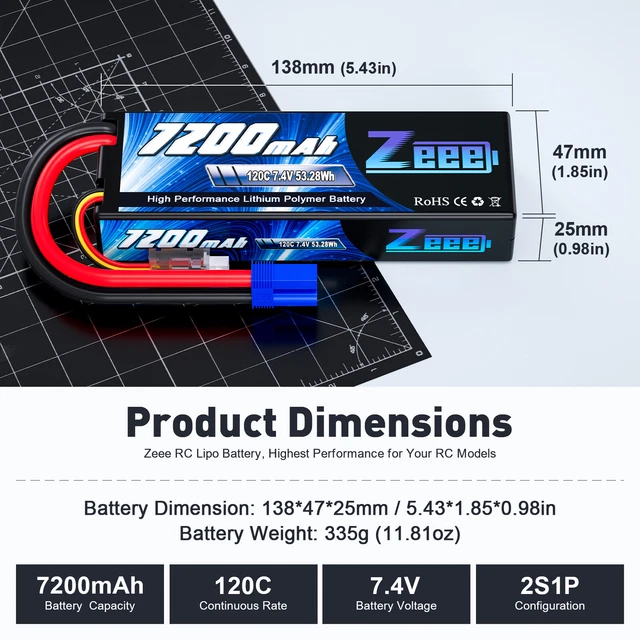 Zeee Batterie LiPo 2S 7,4 V 5200 MAh 50C – Avec Connecteur Deans T – Pour RC 1/8 – 1/10 – Dimensions 138x47x25 Mm – Poids 250 G