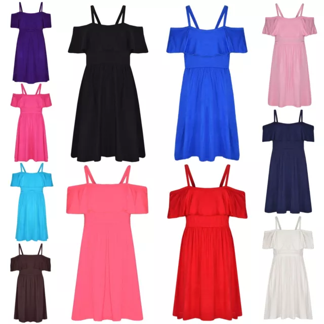 Girls Skater Dress Kids Plain Color Summer Party Off Shoulder Dresses 7-13 Yr