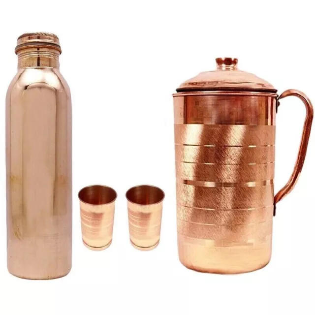 100% Pure Copper Jug Pitcher Glass Tumbler With Bottle Set For Health Benefits