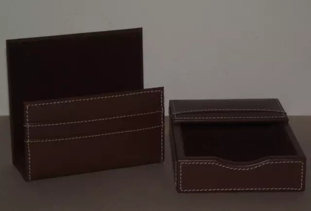 2pc desk organizer set DACASSO brown leather note memo pad letter mail holder ~X