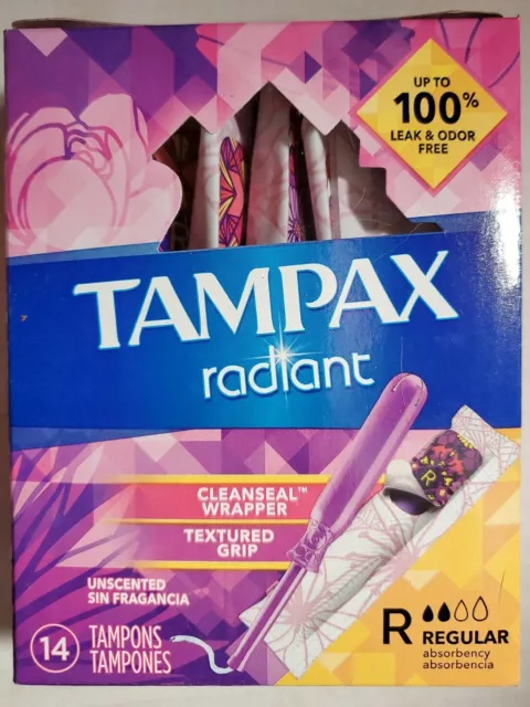 Tampax Radiant Tampons Unscented 14 ct Regular- CleanSeal Wrapper Textured Grip