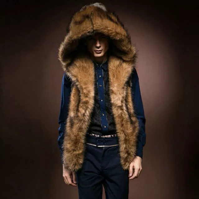 MENS WINTER WARM Faux Fur Vest Hooded Jacket Waistcoat Sleeveless Slim ...