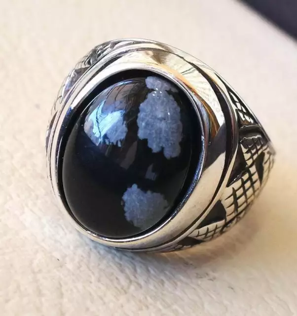 Turkish Snowflake Obsidian Ring, 925 Silver Mens Ring Heavy Signet Jewelry P1566