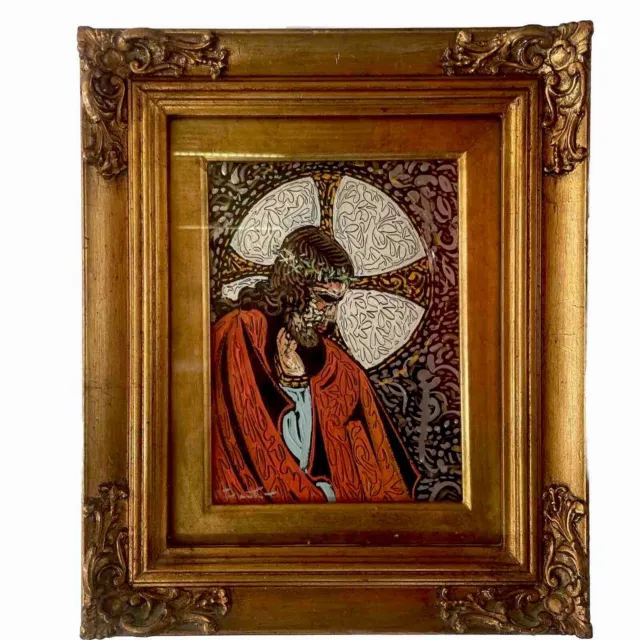 quadro dipinto a olio su tela ritratto Gesù con cornice oro in stile antico 900
