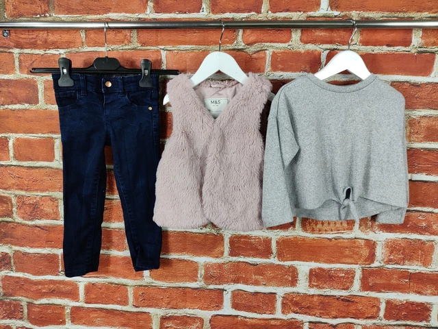 Girls Bundle Age 2-3 Years 100% M&S Skinny Blue Jeans Faux Fur Gilet Top 98Cm