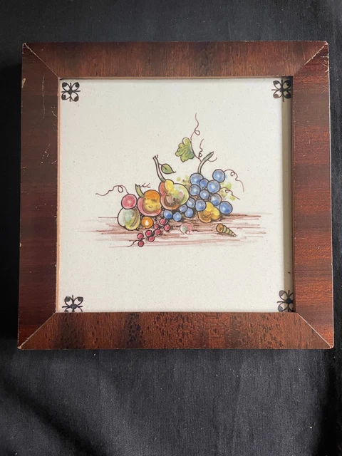 Antique Framed Dutch Delft Tile Polychrome fruit scene .  18th century . Rare !