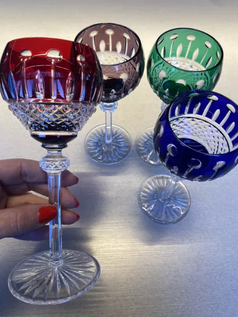 King Louis Hock Wine Glasses Bohemian Cut-to-Clear Red Blue Purple Green Set 4