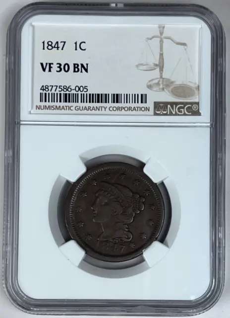 1847 Braided Hair Large Cent 1C Very Fine NGC VF 30 BN