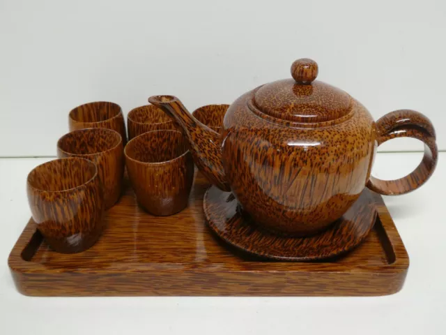 Vintage Chinese Bamboo Turned Timber Tea Set Teapot & Cups Wooden Tray Service