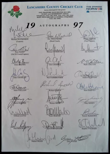 Lancashire 1997 Cricket Official Autograph Team Sheet