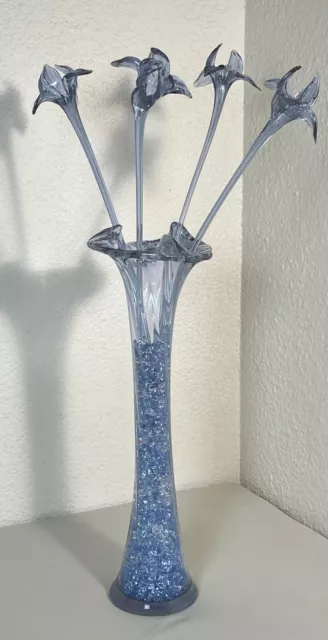 Ancien XXème grand vase et 4 fleurs en verre soufflé