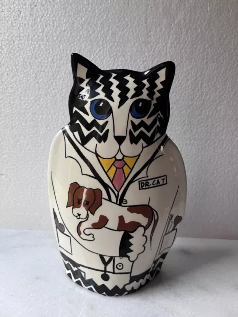 Cats By Nina Vase Black & White Cat Blue Eyes - Dr. Cat, ©2001 9,5” high