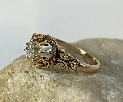 14K Vtg Yellow Gold Diamond Solitaire Ornate Ring 2.90g Jewelry Sz 7.5 Band