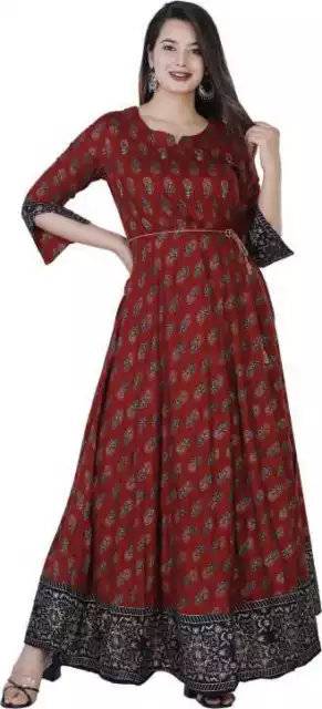 Indian Women Maroon Printed Kurta Kurti Long Anarkali Flared Dress Pakistani New 2