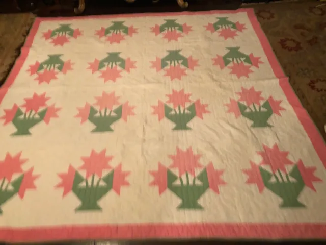 Vintage Handmade Flower Basket Quilt Pink & Green Applique 84 X 84