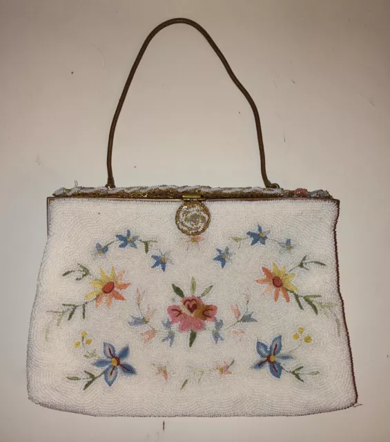 VTG Antique Hand Made Real Pointe De Beauvais France Beaded Evening Bag Purse