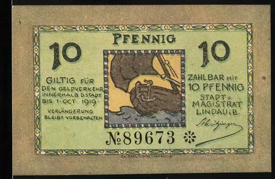 Notgeld Lindau i. B. 1919, 10 Pfennig, Blick auf den Bodensee