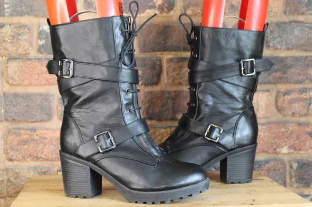 BLACK FAUX LEATHER Block Heel Mid Calf Boots Size 8 / 42 New Look Used ...