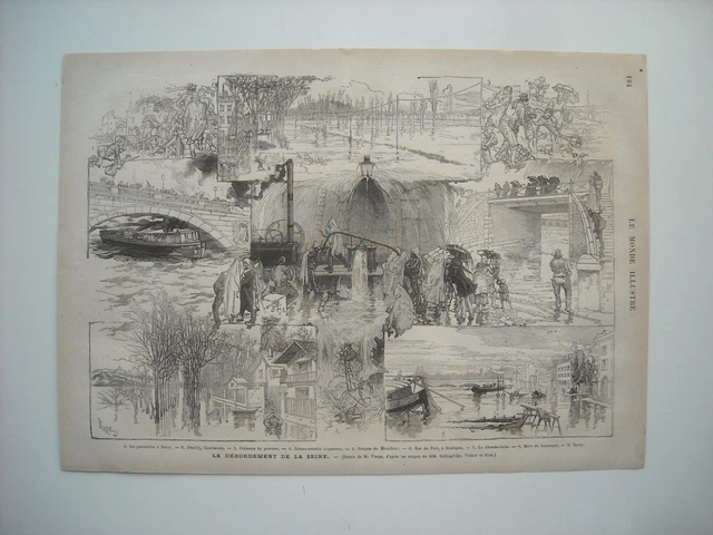 Gravure 1876. Debordement De La Seine. Bercy. Neuilly. Courbevoie. Boulogne. Bat