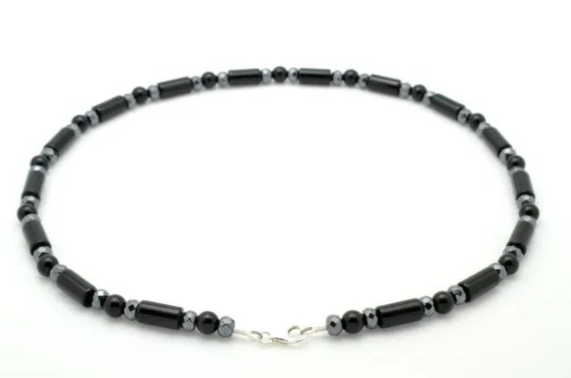 Mens Bead Necklace Onyx and Hematite with 925 Sterling Silver Clasp Handmade