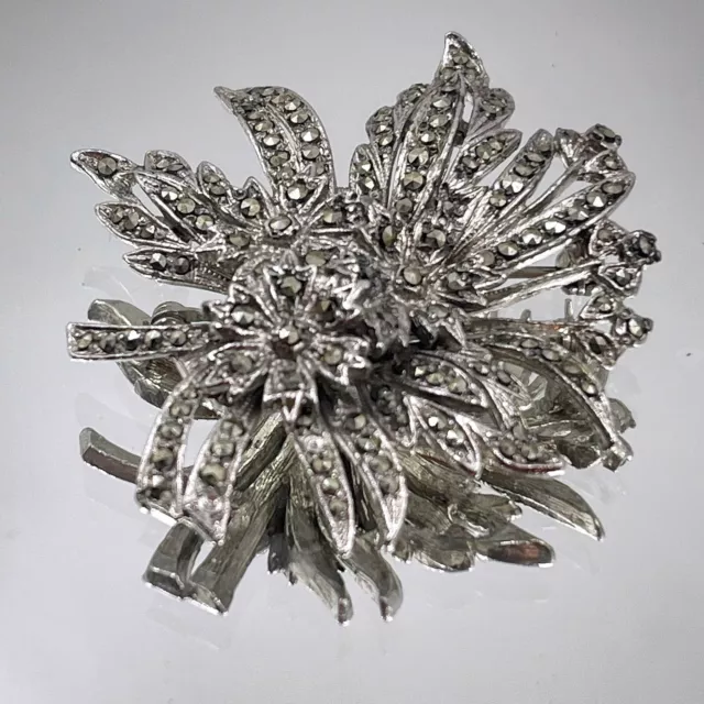 Vintage Silver Tone Marcasite Statement Floral Spray / Flower Brooch