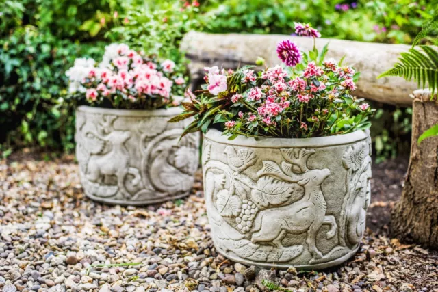 PAIR Of Peacock and Deer Design Planter Pots Very Heavy Stone Cast 64KGS