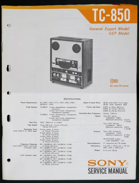 Original SONY TC-850 Tonbandgerät Service-Manual/Diagram/Parts List TOP o130