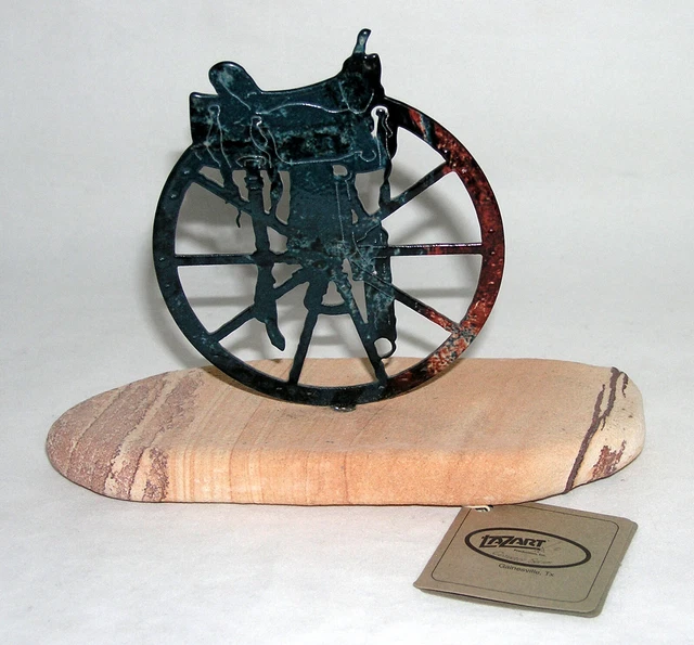 Lazart Metal Art Wagon Wheel & Saddle Sculpture Mounted on Sandstone Southwest