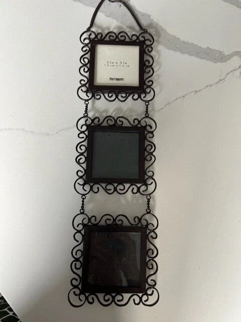 PIER 1 IMPORTS PICTURE FRAME HANGER HOLDS 3 - 3" X 3" PHOTOS Espresso Metal