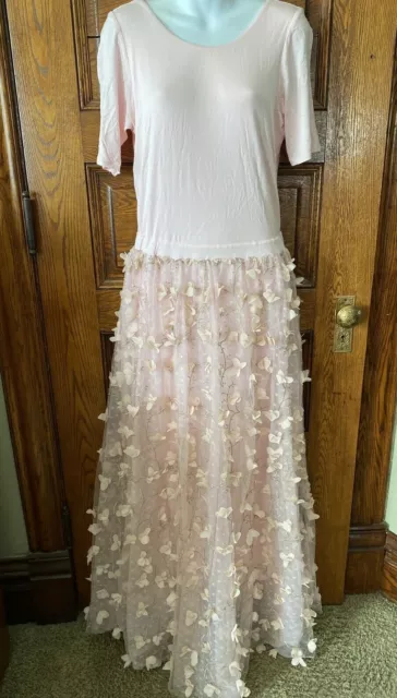 ELESTORY USA Peach Pink Floral Blossoms & Embroidered Long  Maxi DRESS, Size L