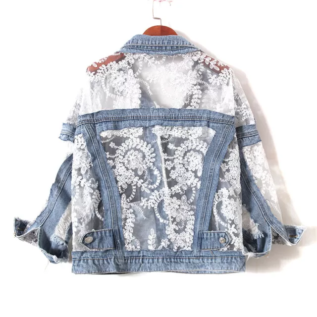 Women Floral Lace Denim Jacket Coat Embroidery Loose Ripped Tops Outerwear