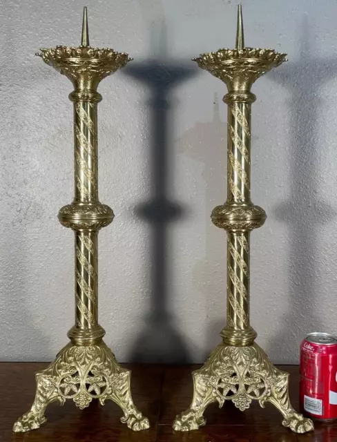 Pair of Antique French Gilt Bronze Church Candlesticks Candelabra