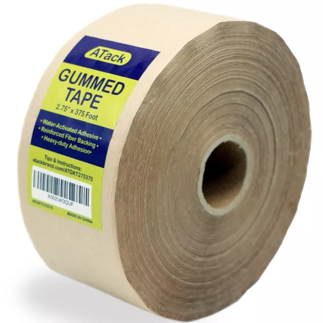 ATack Reinforced Gummed Kraft Paper Packing Tape, 2.75 Inches x 375 Feet Wate...