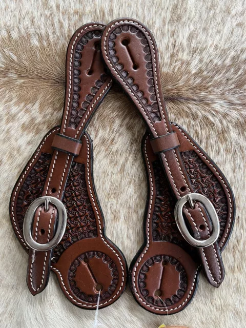 Adult Size Tooled Genuine Leather Western PAIR Spur Straps Dark Oil Finish