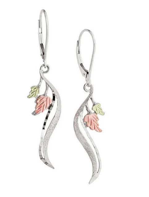 12k black hills gold on sterling silver two leaf dangle leverback earrings