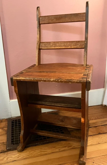 ANTIQUE FOLDING LIBRARY Wood Ladder Chair Convertible Step Stool Plant