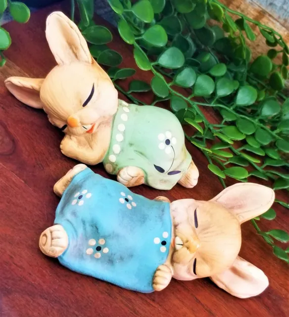 Vintage Easter Bunny Rabbit Couple Figurines Sleeping Flower Blankets Korea