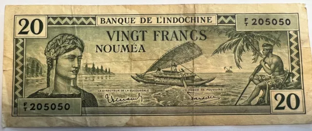 Banque De L'indochine, Noumea No Date (1944) 20 Francs Banknote Bill