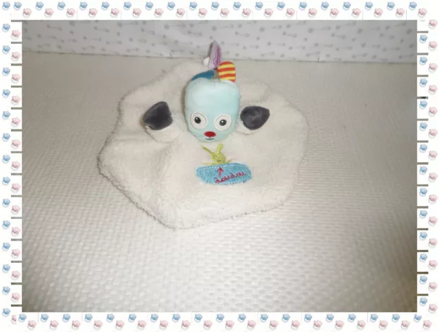 ꕤ - Doudou Marionnette Rond Lapin Chien Fourrure Blanche  Pommette