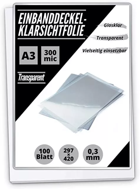 100 PREMIUM Einbanddeckel-Klarsichtfolien A3, PVC-Folie, 0.30 mm, 100-er Pack